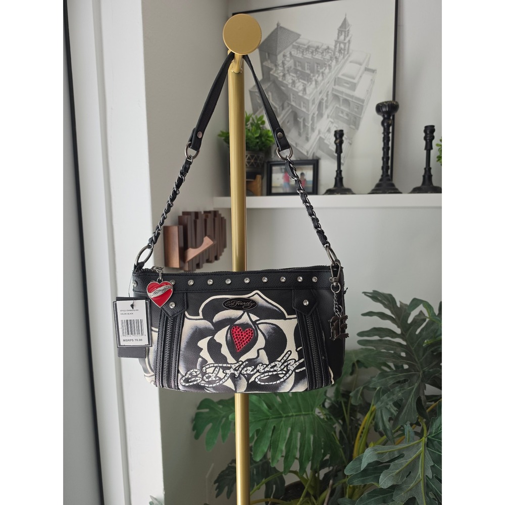 Ed Hardy Rose Heart Rhinestone Shoulder Bag Black Y2K Tattoo